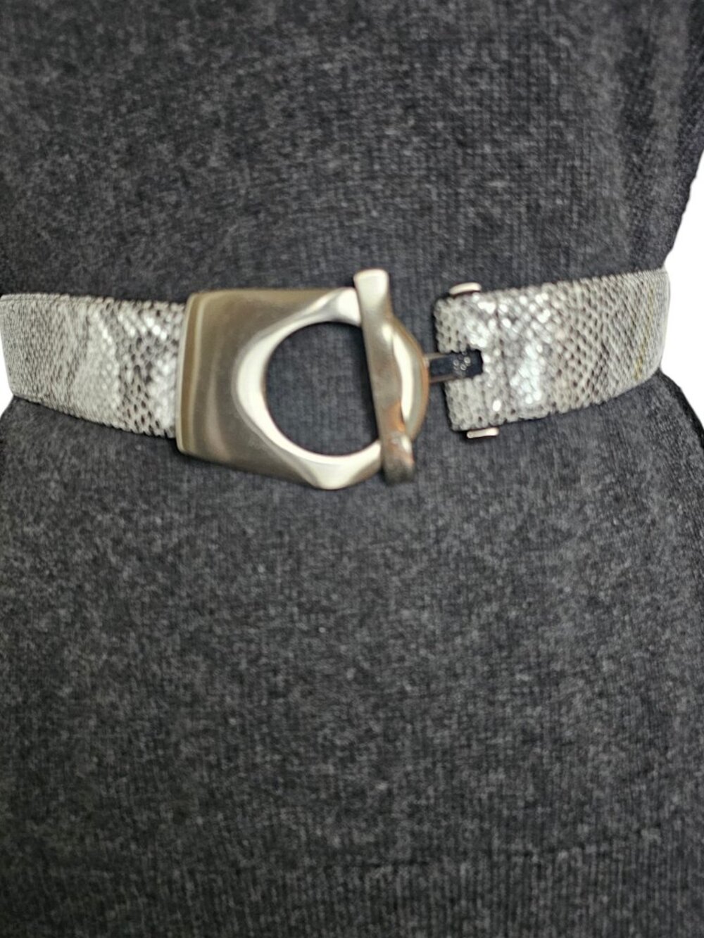 80s Silver Snakeskin Leather Waist Belt Mob Wife Gray Statement Sz S/M